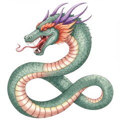 Green Dragon Watercolor Illustration with Purple and Orange Accents