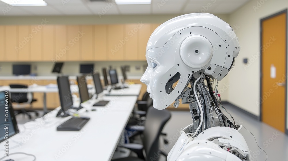Aufkleber A futuristic robot stands in a modern computer lab, highlighting the intersection of artificial intelligence and technology in education or research settings.