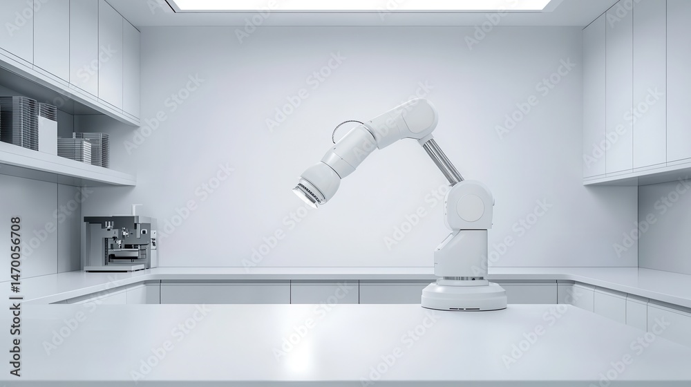 Poster a sleek, modern robotic arm is positioned on a clean white countertop in a minimalist high-tech kitc