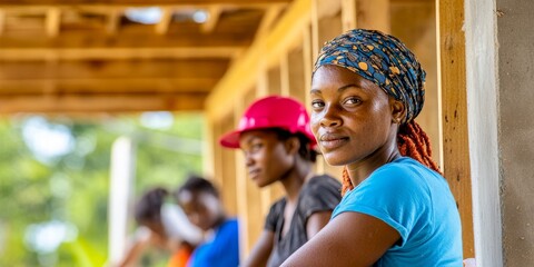 A group of passionate women working together in a construction setting. They embody strength and unity. A bright and engaging image showcasing collaboration and empowerment. AI