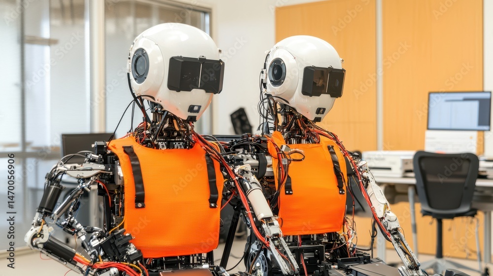 Aufkleber two humanoid robots with orange vests sit in a modern laboratory, surrounded by desks and computers.