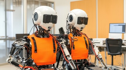Fototapeta premium Two humanoid robots with orange vests sit in a modern laboratory, surrounded by desks and computers.