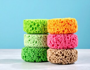 A vibrant trio of colorful sponges, stacked neatly in a vertical arrangement, showcasing their soft textures and absorbent surfaces against a clean backdrop.