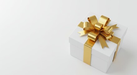 Elegant White Gift Box with Golden Bow - A pristine white gift box adorned with a luxurious golden ribbon and bow, symbolizing celebration, generosity, surprise, appreciation, and joy