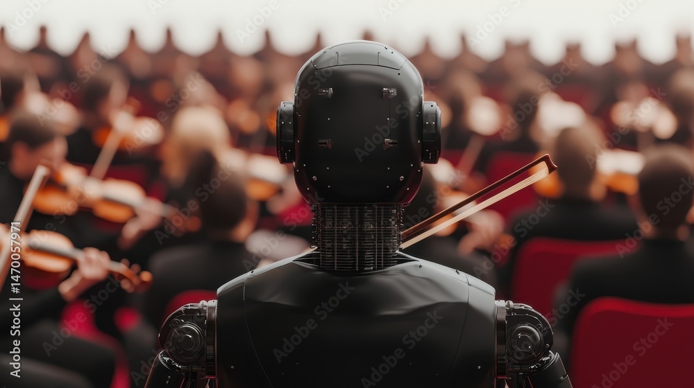 Poster A robot conductor leads an orchestra of musicians playing string instruments in a concert hall.