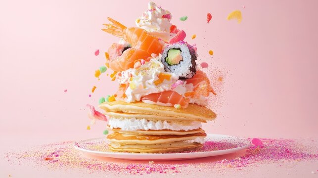 Surreal food stack of pancakes layered with sushi, edible glitter, and whipped cream in a bold, artistic mashup