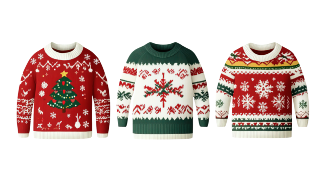 Set of three Christmas ugly sweaters on white background.png