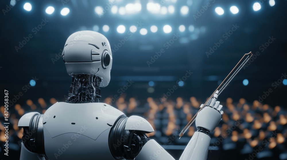 Poster a humanoid robot conducts an orchestra on a brightly lit stage, blending technology with musical per