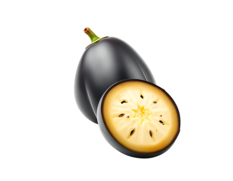 Realistic 3D render of a Java Plum with a cut section, isolated on transparent background
