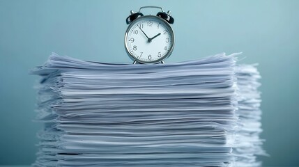A 4K photo of 4K photo of clock atop stacked business documents, symbolizing time management.