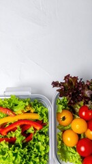 Two clear plastic containers brimming with vibrant, fresh salads, featuring a colorful mix of leafy greens, cherry tomatoes, cucumbers, and bell peppers.