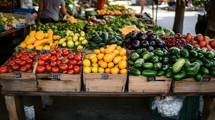 Produce market stall displays various colorful fruits and vegetables for sale.
