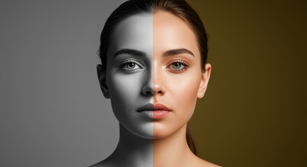 Fototapeta premium Woman's Face Half Color Half Monochrome in Studio