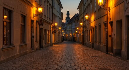 Naklejka premium Evening Stroll Cobblestone Street - A picturesque cobblestone street at twilight, lined with traditional buildings and glowing street lamps. Warm, inviting atmosphere