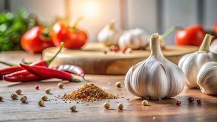 Aromatic bulb of garlic, surrounded by vibrant red chili peppers, fragrant spices, and ripe tomatoes on a rustic wooden surface, ready for culinary creation.