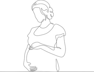 Happy pregnant women in continuous line art drawing style. Minimalist black linear sketch isolated on white background