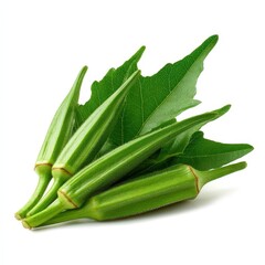 Obraz premium Fresh Green Okra Pods with Leaves Isolated on White Background for Healthy Cooking Recipes