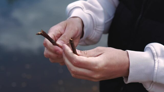Male hands break a wooden branch from a tree in their hands.
The stick cracks in the guy's hands.
A strong man bends and breaks a dry branch from a tree