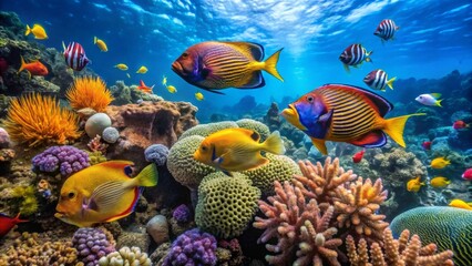 Naklejka na ściany i meble Vibrant Reef Ecosystem A Colorful Panorama of Marine Life and Coral Formations