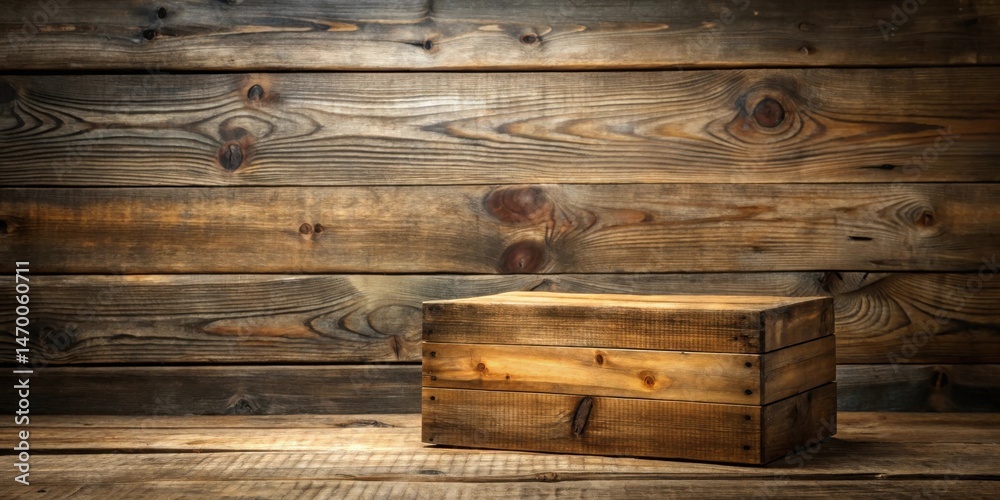 Aufkleber rustic wooden crate on weathered planks background, ideal for product display or vintage design proj