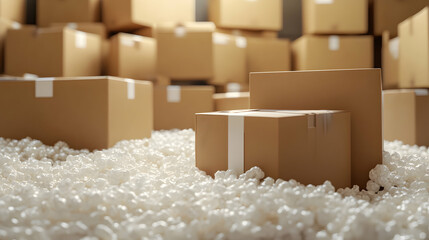 Cardboard boxes stacked on white packing peanuts in a storage setting.