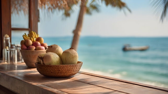 Tropical fruit arrangement on a wooden counter with a serene ocean view in the background