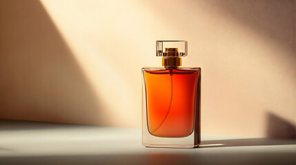 Perfume bottle illuminated by sunlight against a neutral colored background.