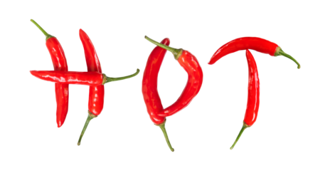 hot text made from fresh red chili peppers isolated on white background