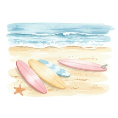 Pastel Surfboards on Sandy Beach Watercolor Painting
