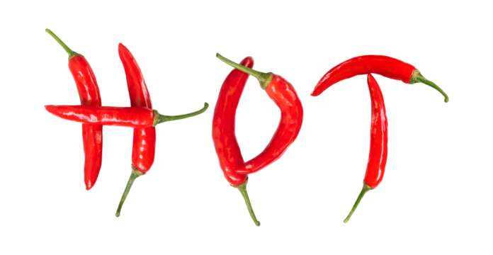 hot text made from fresh red chili peppers isolated on white background