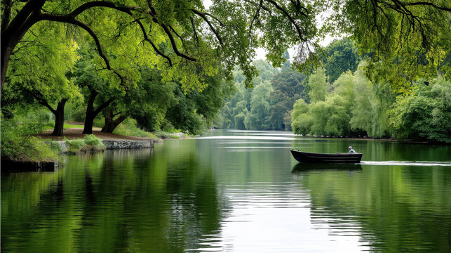 Person boating on calm river surrounded by lush green trees - Powered by Adobe