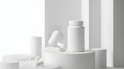 White pill bottles and capsules arranged on a minimalist white platform.