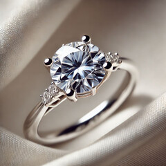 Close-up of sparkling diamond ring with side stones on silk background