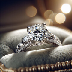 Vintage-inspired diamond engagement ring with intricate details on velvet cushion