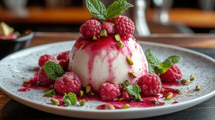 Creamy dessert topped with fresh raspberries