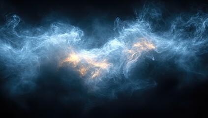 Fototapeta premium Abstract swirling smoke, a dynamic blend of ethereal blue and orange-yellow hues, against a dark backdrop. A captivating display of swirling shapes and textures