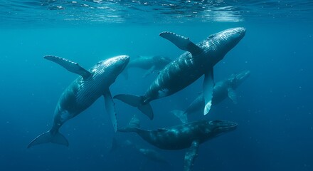 Whale pod underwater majestic mammals swimming in deep blue ocean