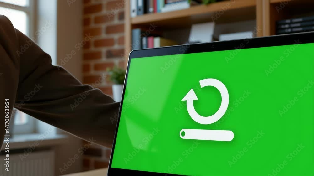 Poster a laptop screen displays a large update or refresh symbol on a green background, suggesting software