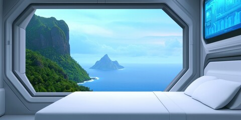 Fototapeta premium A futuristic bedroom with a large window overlooks a lush island and ocean, blending modern interior design with a stunning natural landscape.