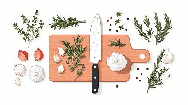 Herbs with Garlic, Knife, and Cutting Board. (1)