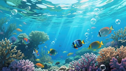 Fototapeta premium Underwater paradise with colorful coral reefs and exotic fish swimming in crystal-clear waters under sunbeams, a vibrant seascape illustration 8K