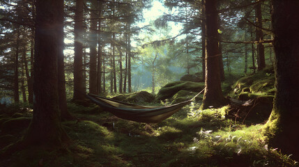 Obraz premium Hammock strung between trees in a peaceful forest bathed in sunlight, evoking tranquility