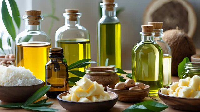 Assortment of natural skincare ingredients including glass bottles of oils, shea butter, coconut, and leaves arranged on a wooden table


