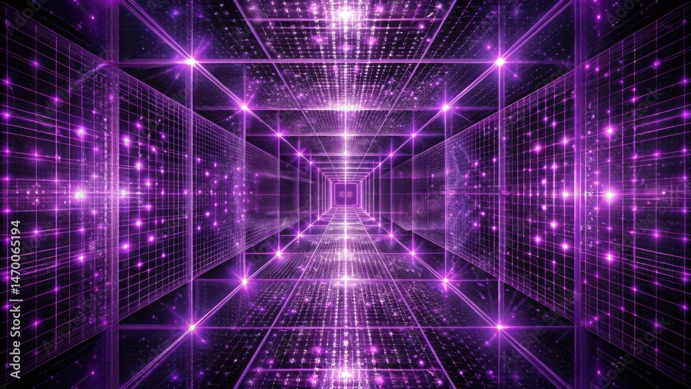 Poster a glowing purple corridor of interconnected grids and luminous points in a digital space
