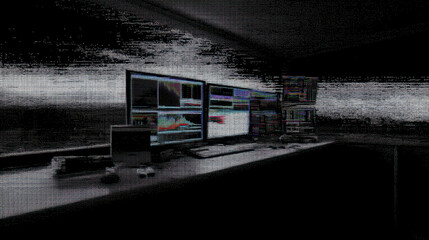 Dark control room with multiple monitors displaying data and graphs, illuminated by faint light