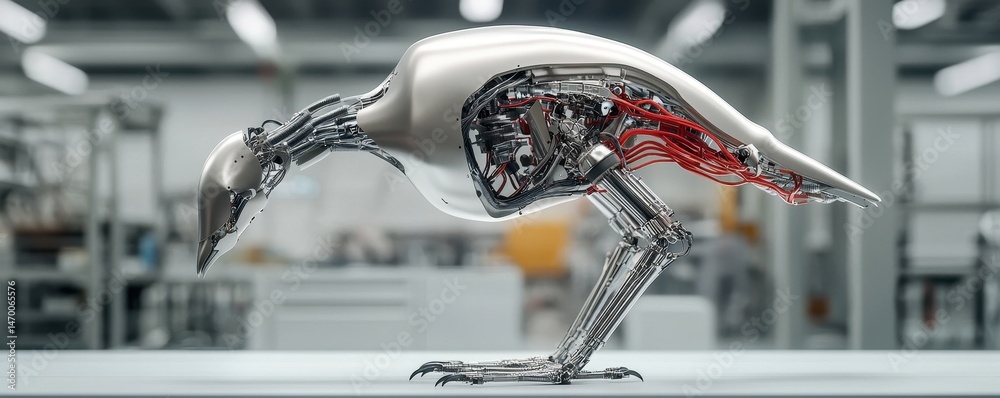 Aufkleber A sleek robotic bird with exposed internal mechanisms stands in a modern laboratory setting.