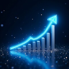 A futuristic, glowing, digital chart with a rising upward trend arrow