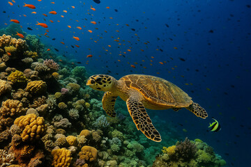 Obraz premium Sea Turtle Among Coral Reef