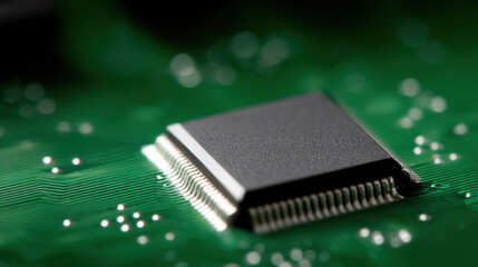 Closeup of microchip embedded green printed circuit board electronic component with metallic