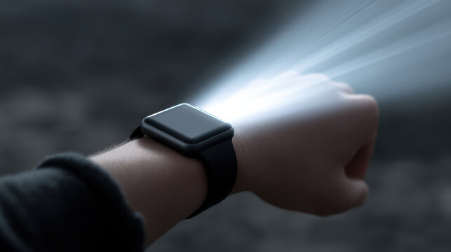 Closeup of smartwatch projecting light onto wrist dark environment, futuristic technology - Powered by Adobe